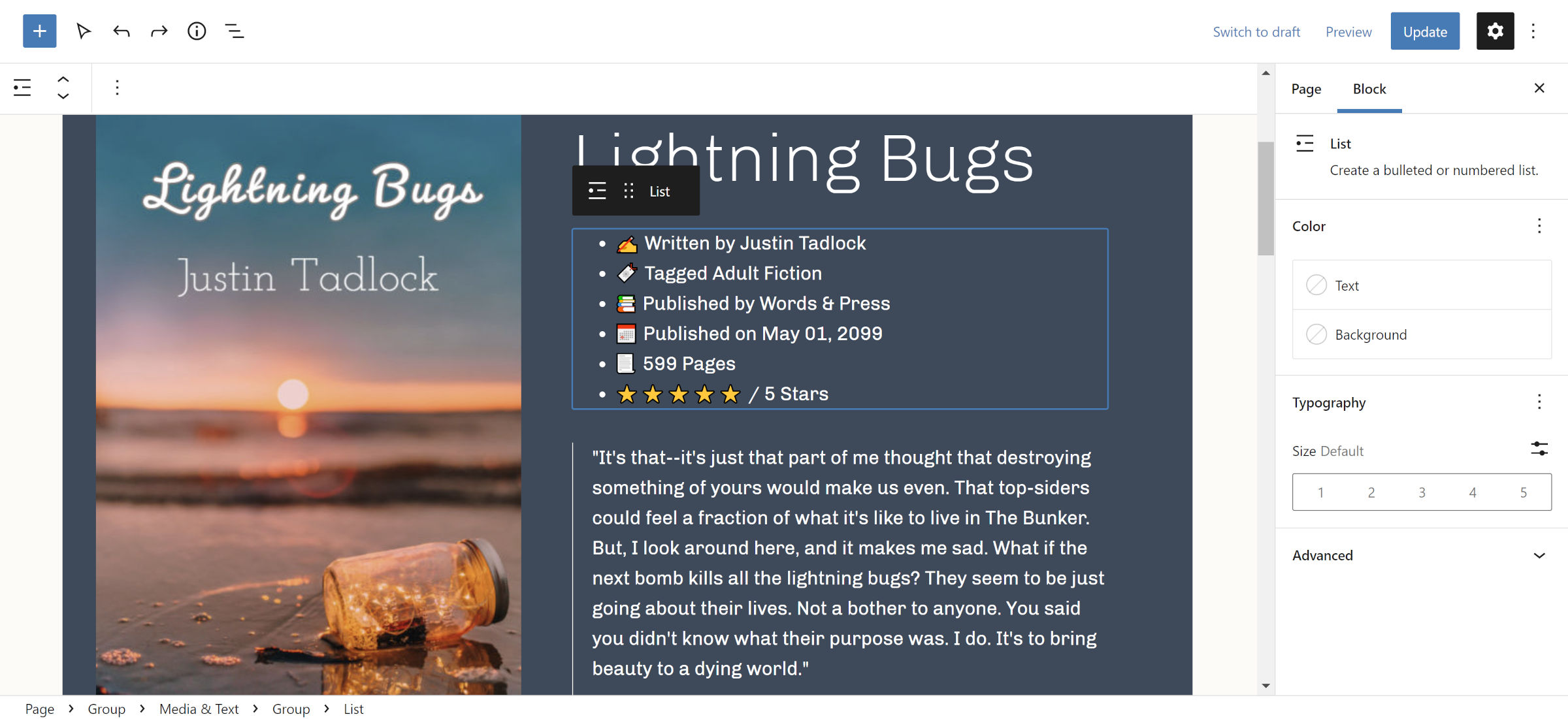 Editor de postagem do WordPress com bloco de mídia e texto. Um título, uma lista e uma cotação são aninhados dentro de sua área de conteúdo.