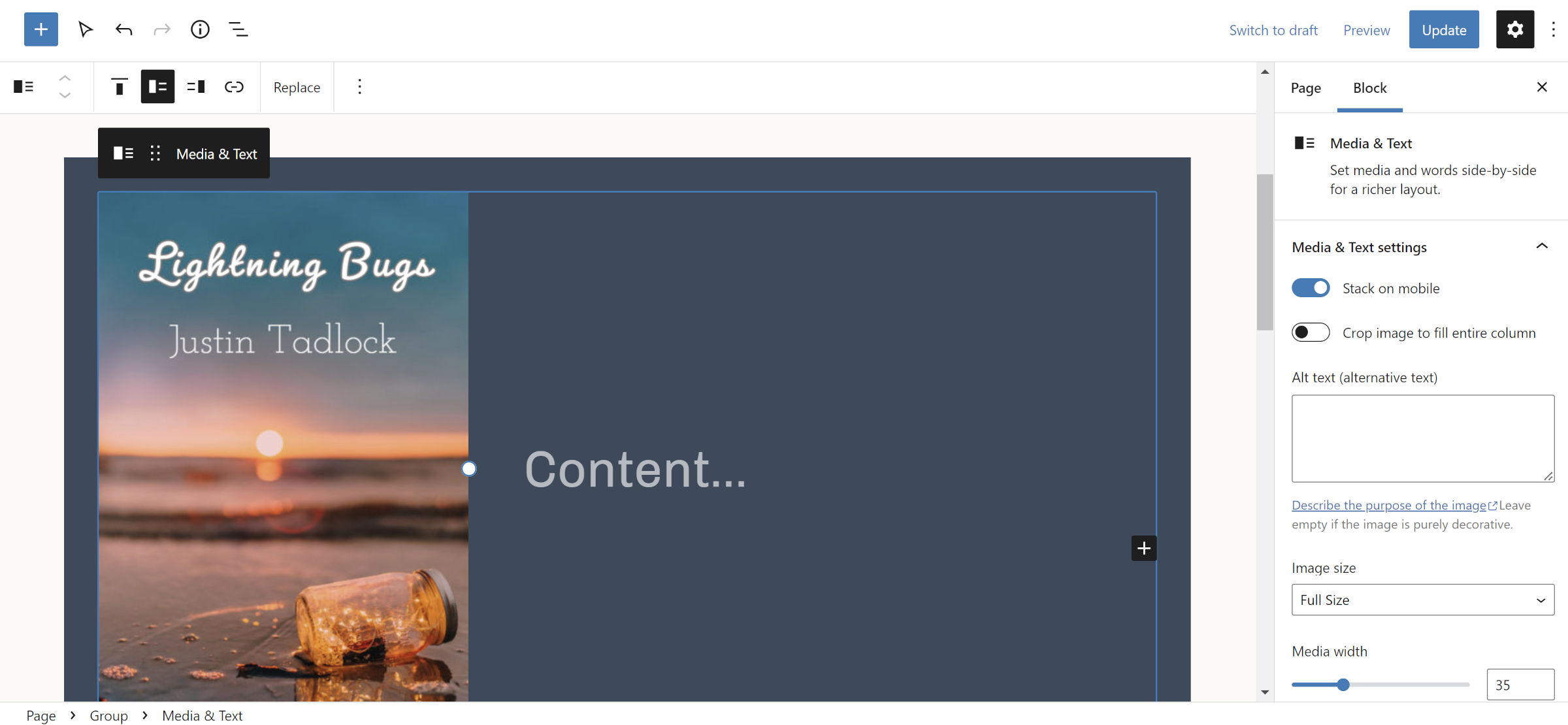 Editor de postagem do WordPress com um bloco de mídia e texto. Ele mostra uma imagem da capa do livro à esquerda.