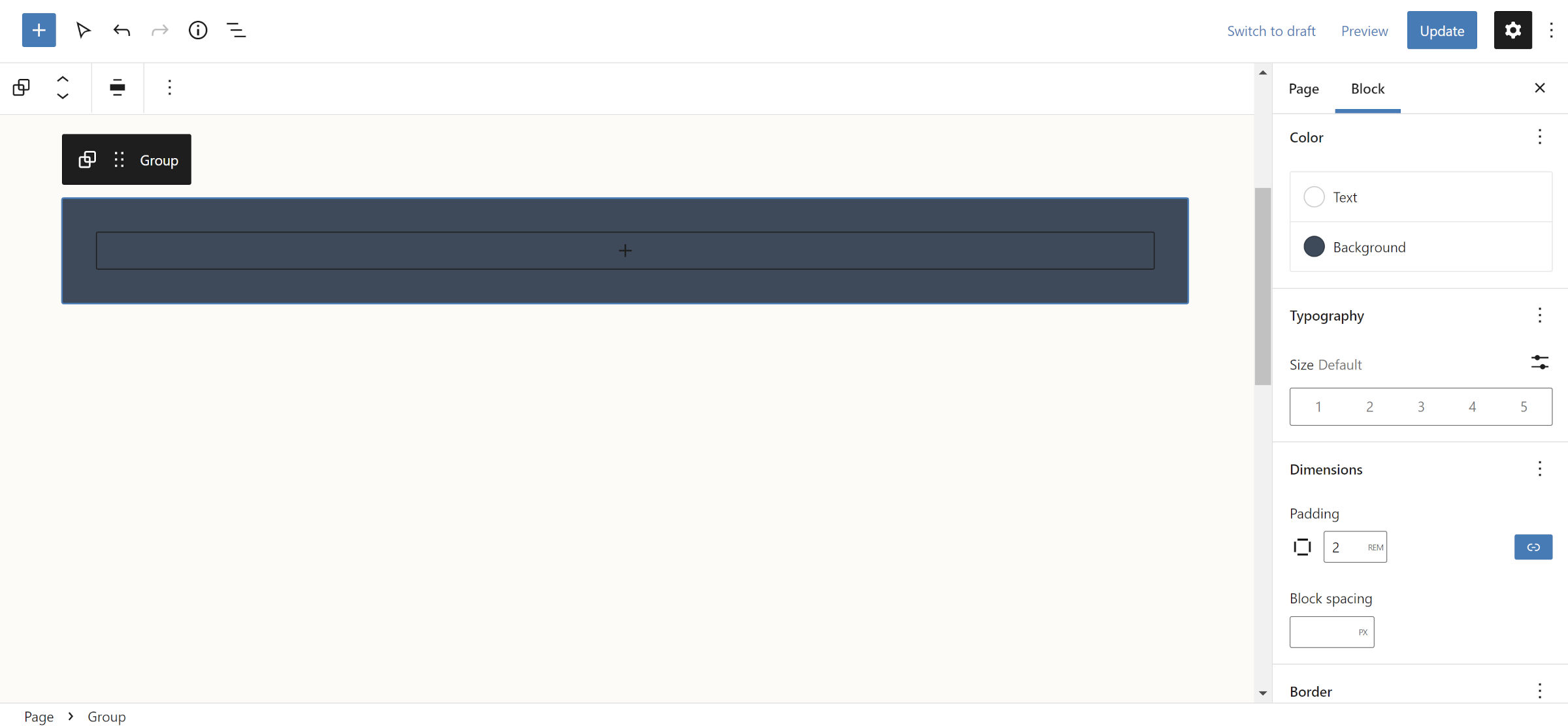 Editor de postagem do WordPress com um bloco de grupo acolchoado e com fundo azul escuro.