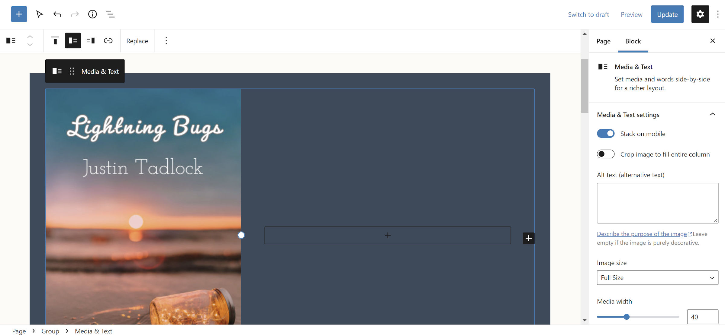 Um bloco de grupo no editor de postagem do WordPress. Um bloco de mídia e texto fica nele com seu próprio bloco de grupo aninhado.