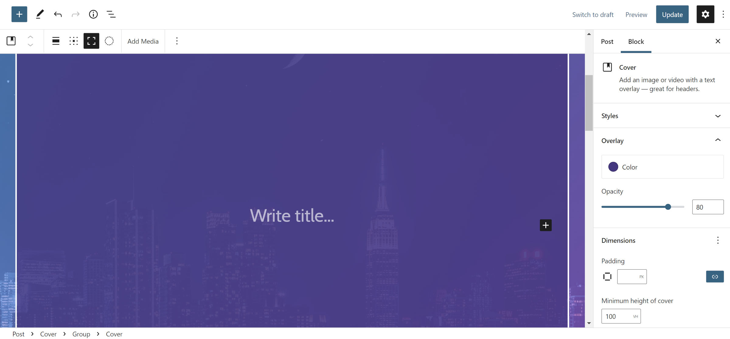 Editor de postagem do WordPress com um bloco de capa aninhado dentro de um bloco de grupo, que está aninhado dentro de outra capa.