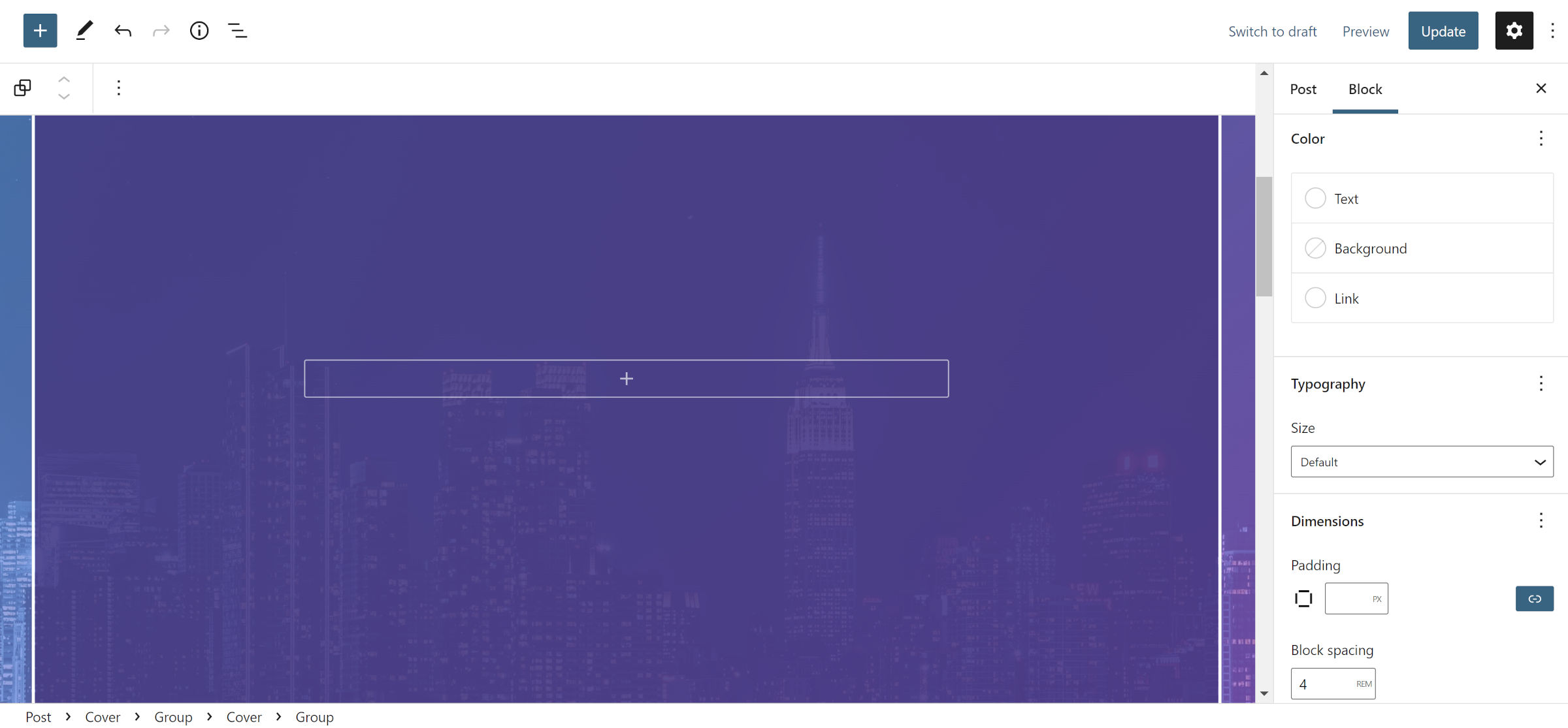 Um bloco de grupo dentro de uma capa dentro de um grupo dentro de uma capa no editor de postagem do WordPress.