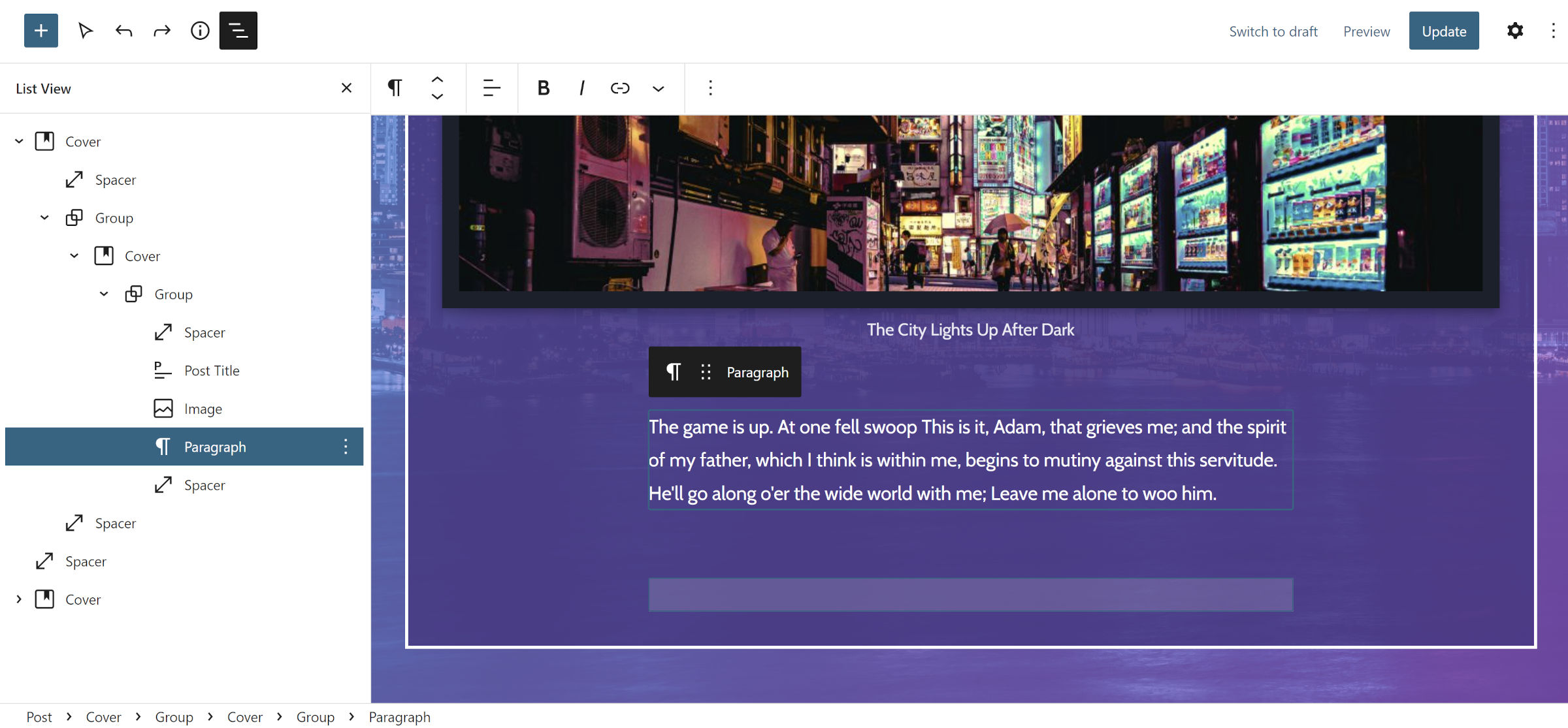 Editor de posts do WordPress com uma imagem seguida de um parágrafo e espaçador dentro de um conjunto de containers com fundo roxo.