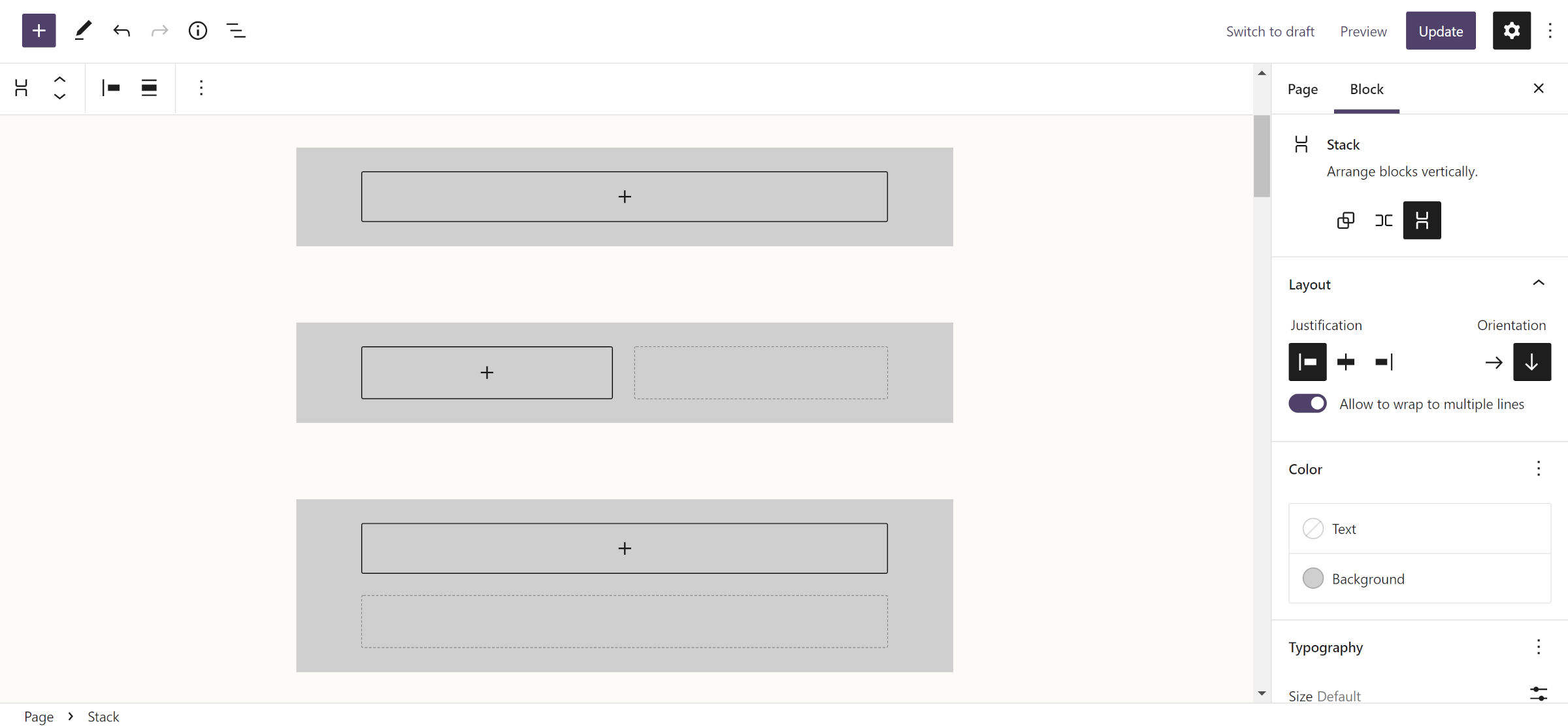 具有三個組塊的 WordPress 帖子編輯器。第一個是默認值。第二個是Row變體。第三種是疊加變體。