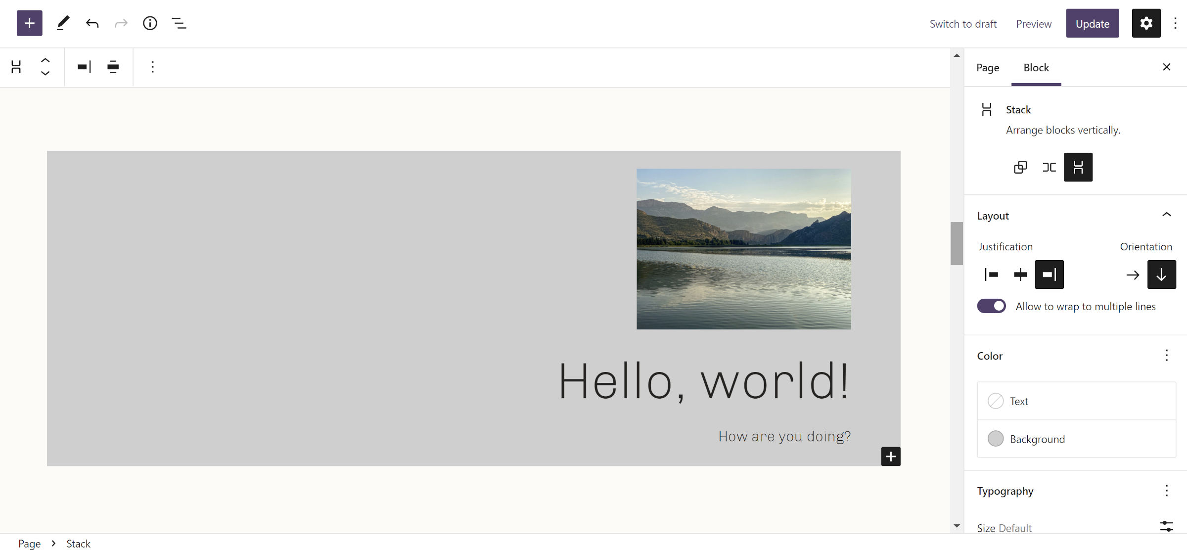 WordPress 帖子編輯器。堆棧/組塊包含圖像、標題和段落。它們與容器的右側對齊。
