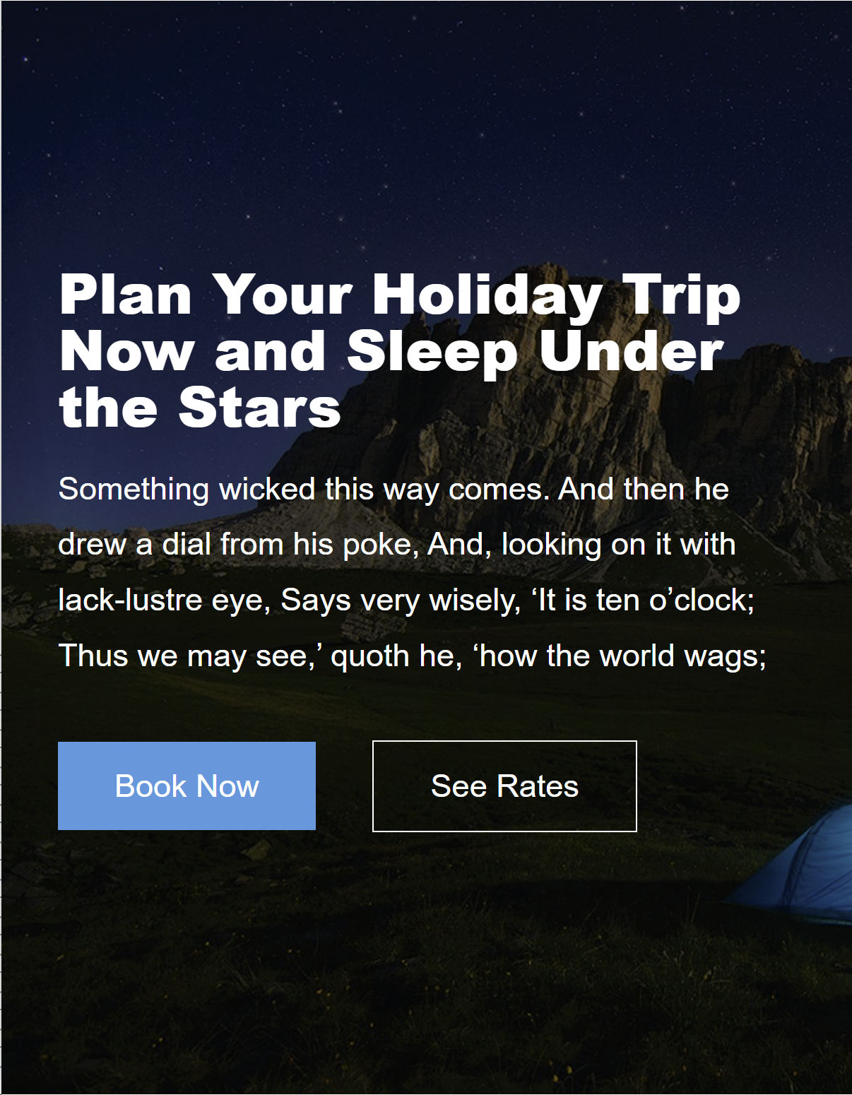 Vista móvel de um deserto próximo ao céu com texto falso para reservar uma viagem de acampamento.