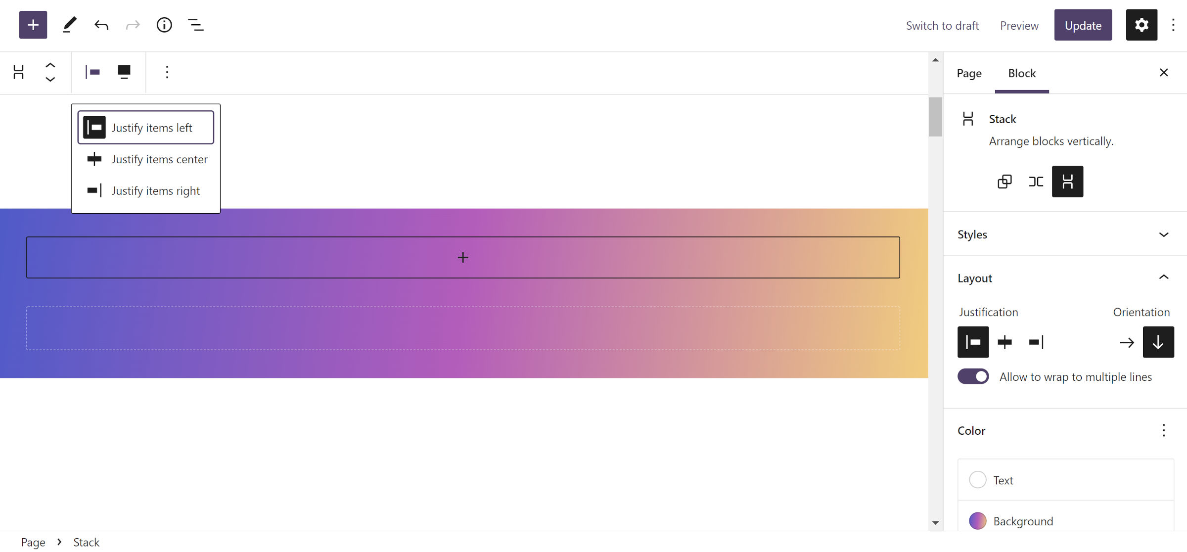 Editor de postagem do WordPress com um bloco de pilha inserido que possui um fundo gradiente colorido. O controle da barra de ferramentas de justificação de conteúdo é selecionado com os itens justificados à esquerda.