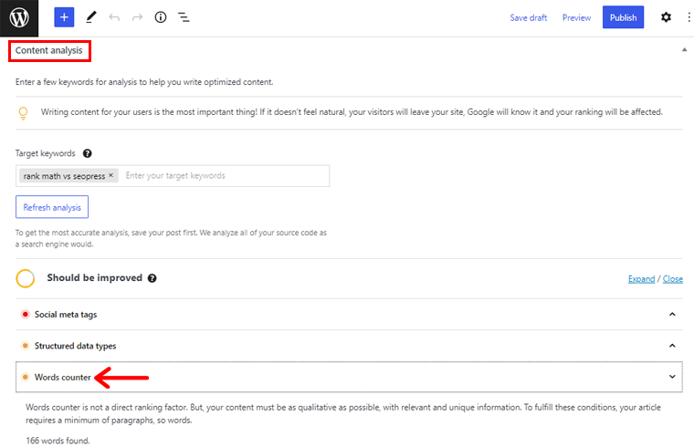 Analisi dei contenuti in SEOPress