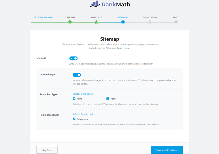 Configurazione della mappa del sito nella procedura guidata di installazione di Rank Math