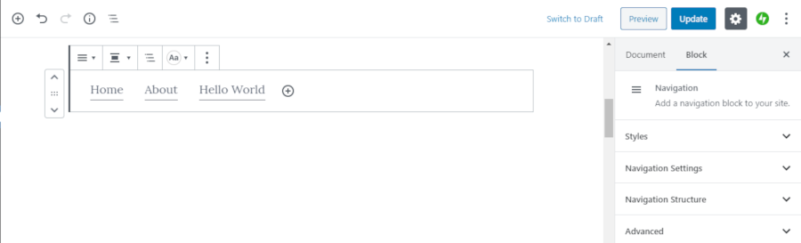 Screenshot dell'utilizzo del blocco di navigazione nell'editor dei blocchi.