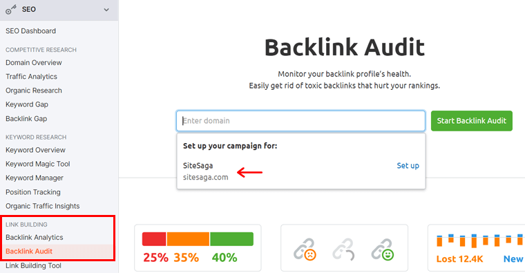 تدقيق الروابط الخلفية - استخدام Semrush مجانًا