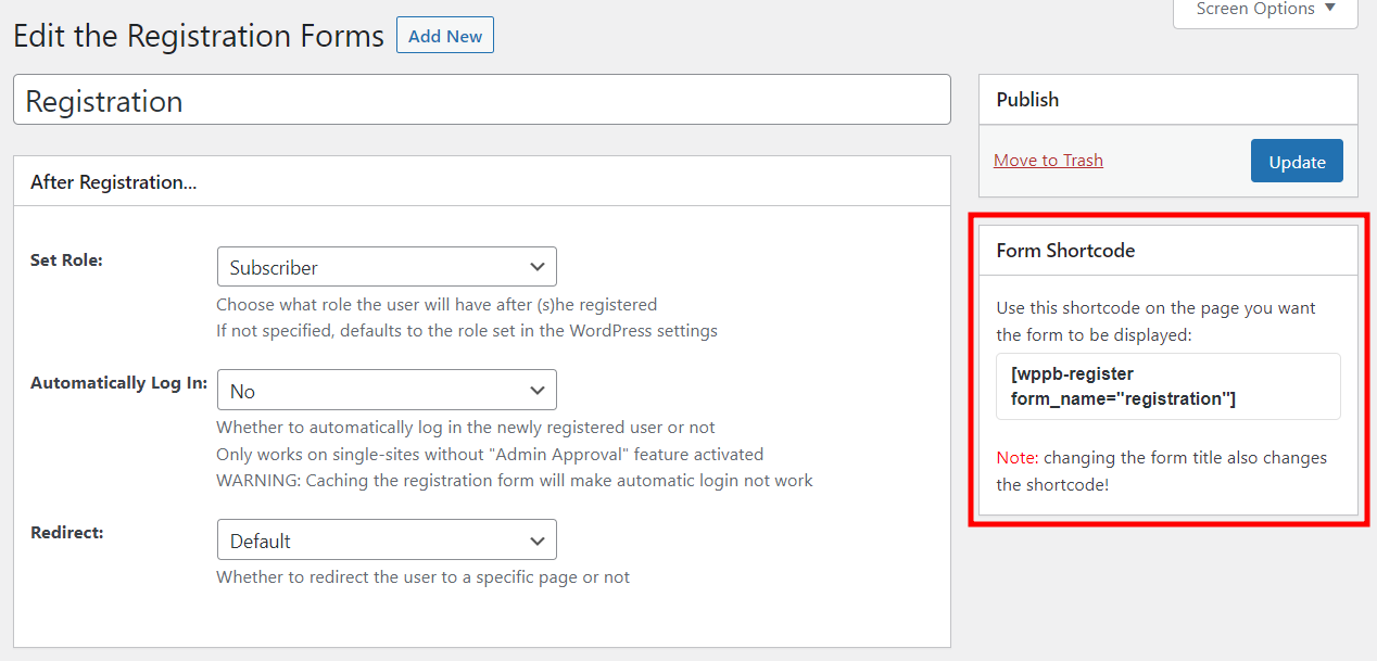 Shortcode des Registrierungsformulars
