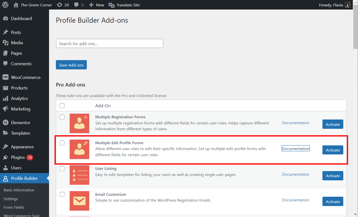 Aktivieren des Add-ons Multiple Edit Profile Forms