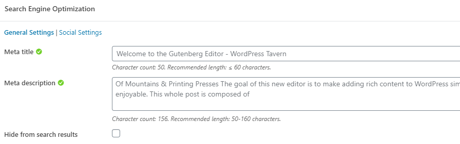 Captură de ecran a casetei meta pentru gestionarea opțiunilor SEO per post cu pluginul Slim SEO.
