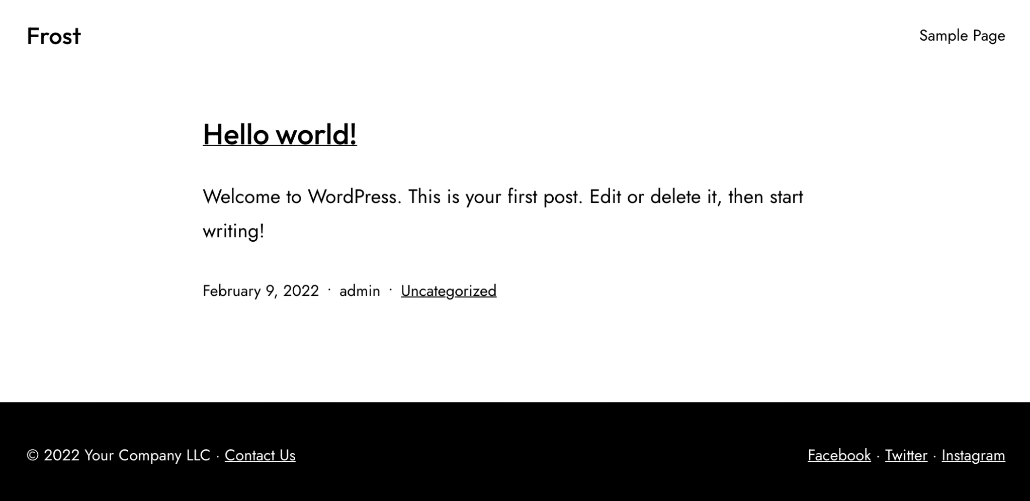 您在 WordPress 上使用 Frost 发表的第一篇文章的示例页面。