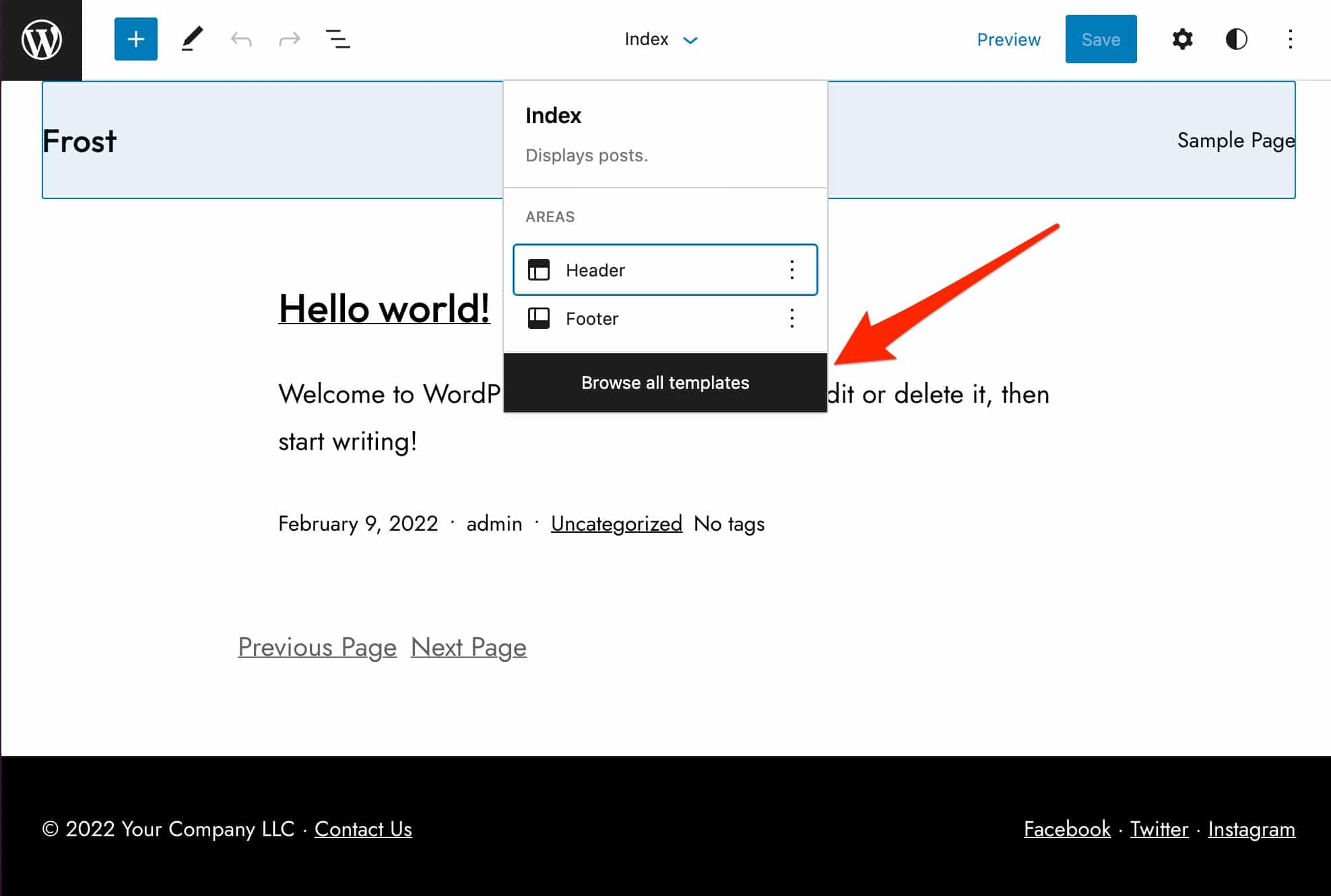 浏览 WordPress 上 Frost 中的所有模板按钮。