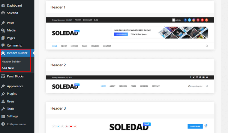 Générateur d'en-tête de thème WordPress Soledad