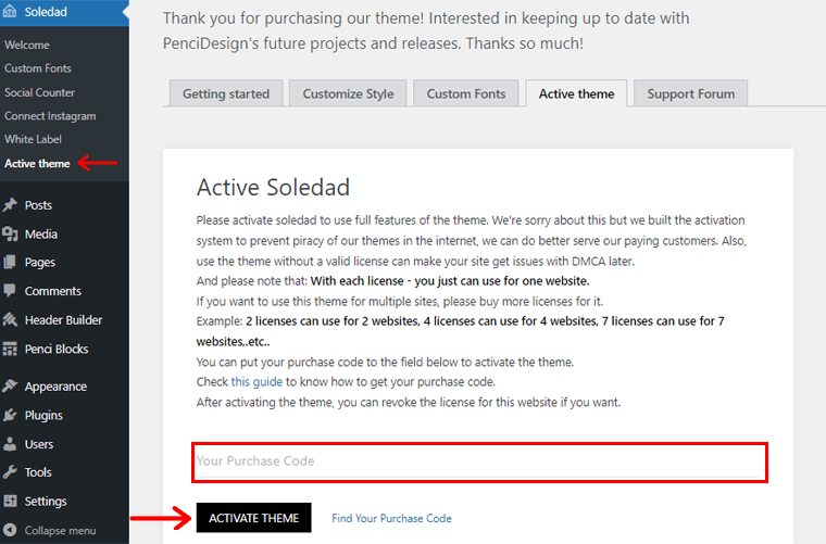 Dans la section active, entrez votre code d'achat et cliquez sur Activer le thème