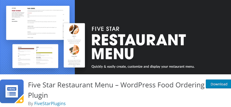 Plugin WordPress do Menu do Restaurante Cinco Estrelas
