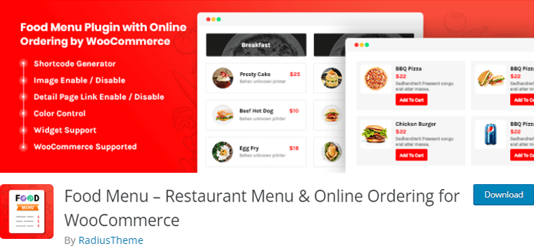 Menu de comida para o site WordPress