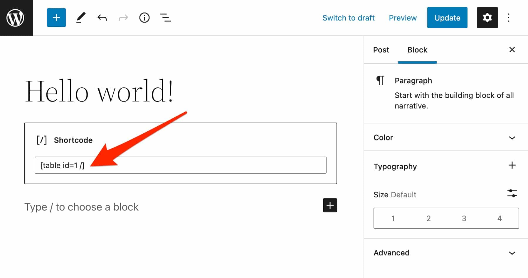 Edytor treści WP ma blok shortcode do dodawania tabel.