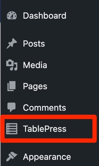 Menu TablePress w panelu administracyjnym WordPressa.