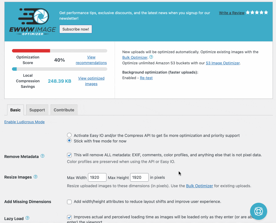 WordPress 中的 EWWW Image Optimizer 插件菜單。