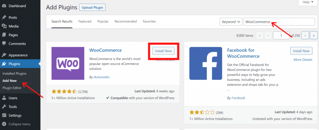 ダッシュボードからWooCommerceをインストールする方法