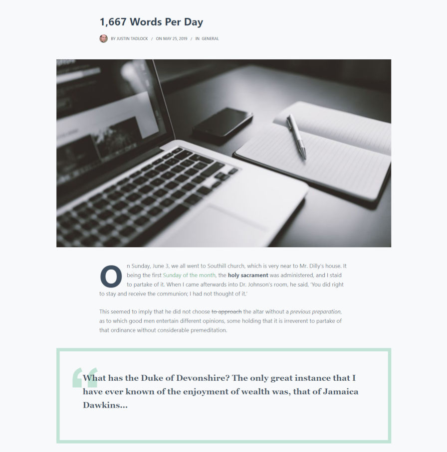 Captură de ecran a postării cu modele de bloc din tema Blocksy.