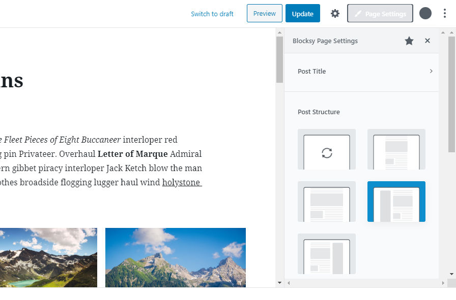 Captură de ecran a barei laterale a editorului de teme Blocksy.