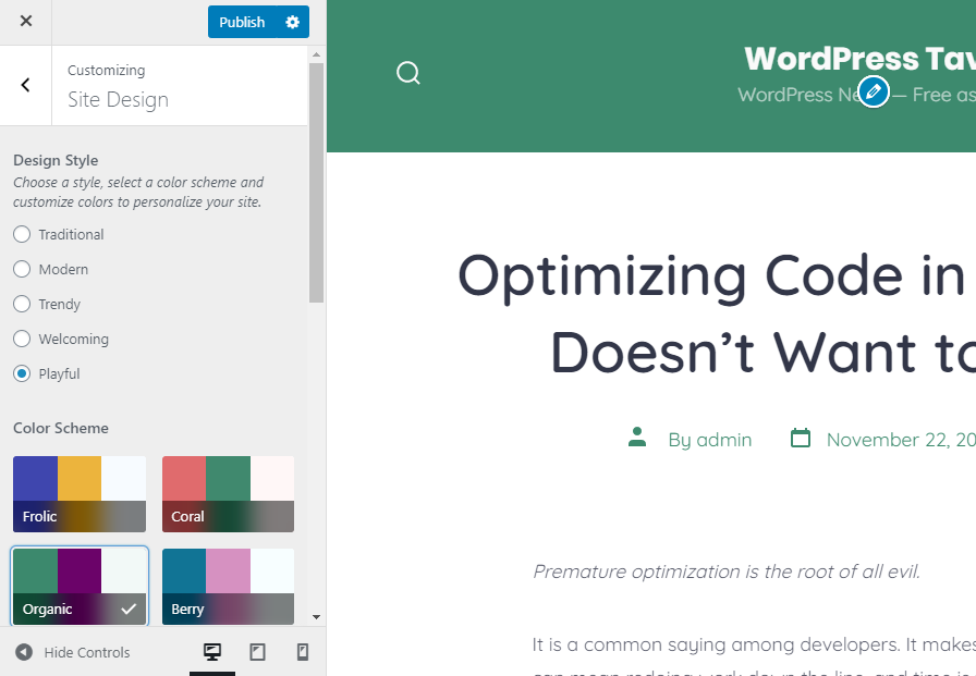 Captura de pantalla de las opciones de personalización del tema Go.