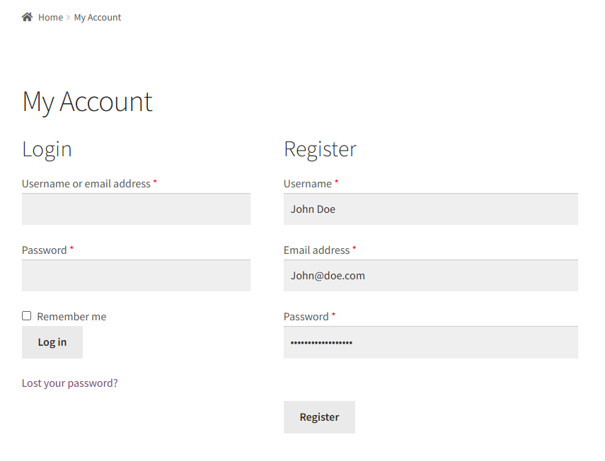 Formulaire Mon compte WooCommerce