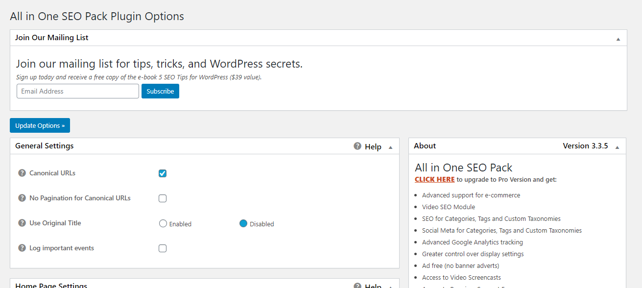 Captură de ecran a ecranului principal de setări pentru pluginul All in One SEO.