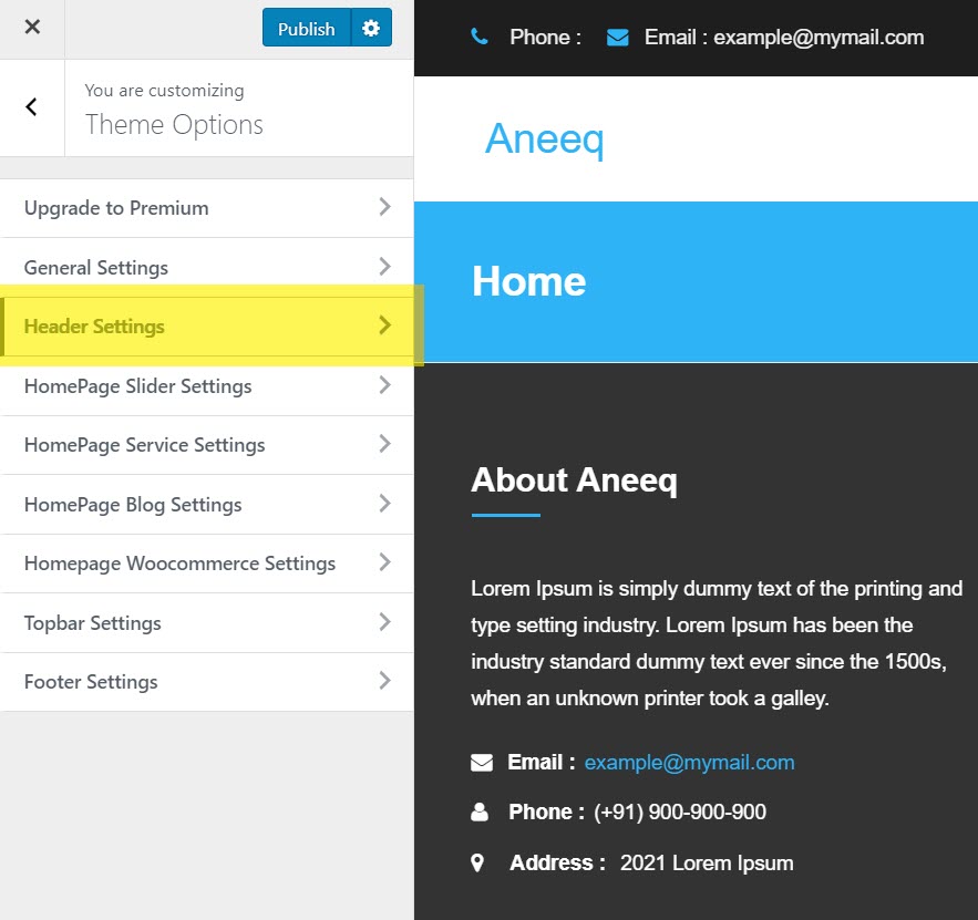 aneeq-wordpress-theme-homepage-header-impostazioni