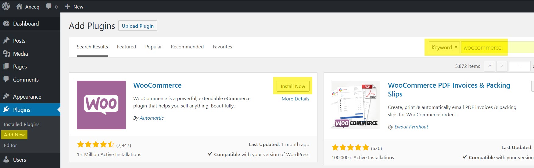 aneeq-wordpress-theme-homepage-woocommerce-plugin-install