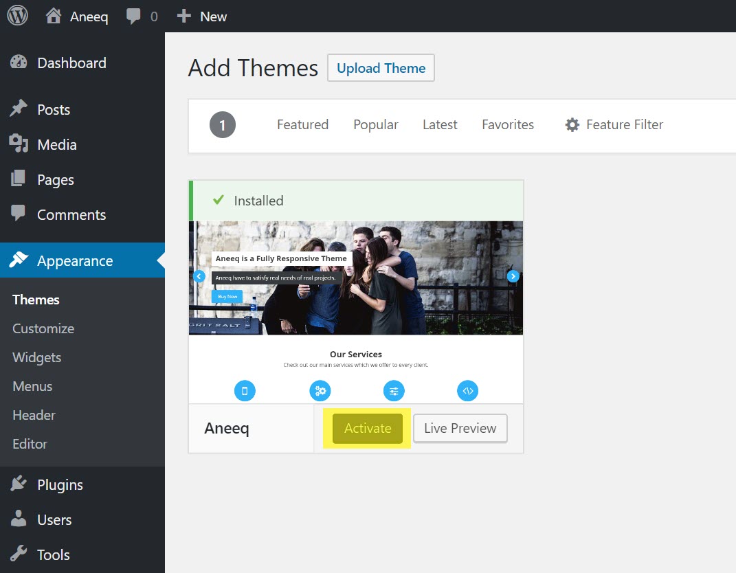 aneeq-wordpress-theme-activate