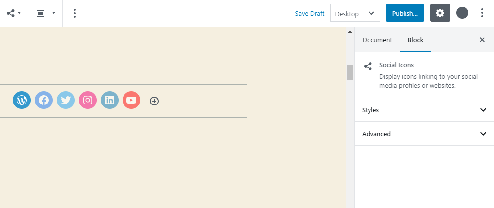 Captură de ecran a noului bloc de pictograme sociale în uz prin editorul de blocuri.