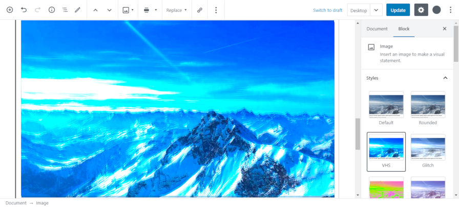 Captura de tela do uso do plug-in de filtro de imagem Altered Reality no editor de blocos.