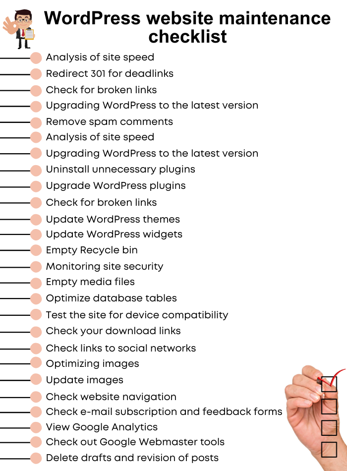 lista de verificación de mantenimiento del sitio web de wordpress