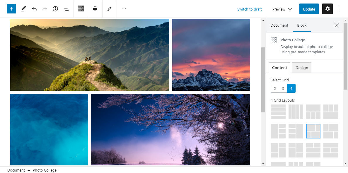 Tangkapan layar blok Kolase Foto dari plugin Blok ACF di editor WordPress.