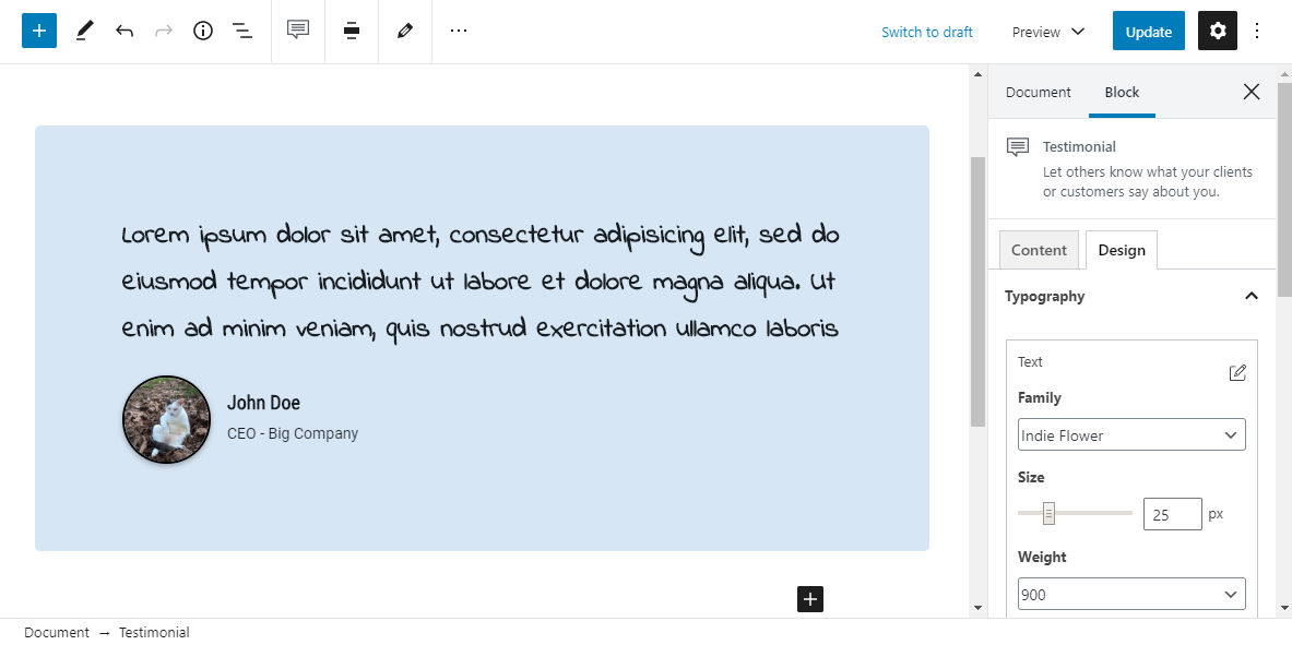 Tangkapan layar blok Testimonial dari plugin ACF Blocks di editor WordPress.