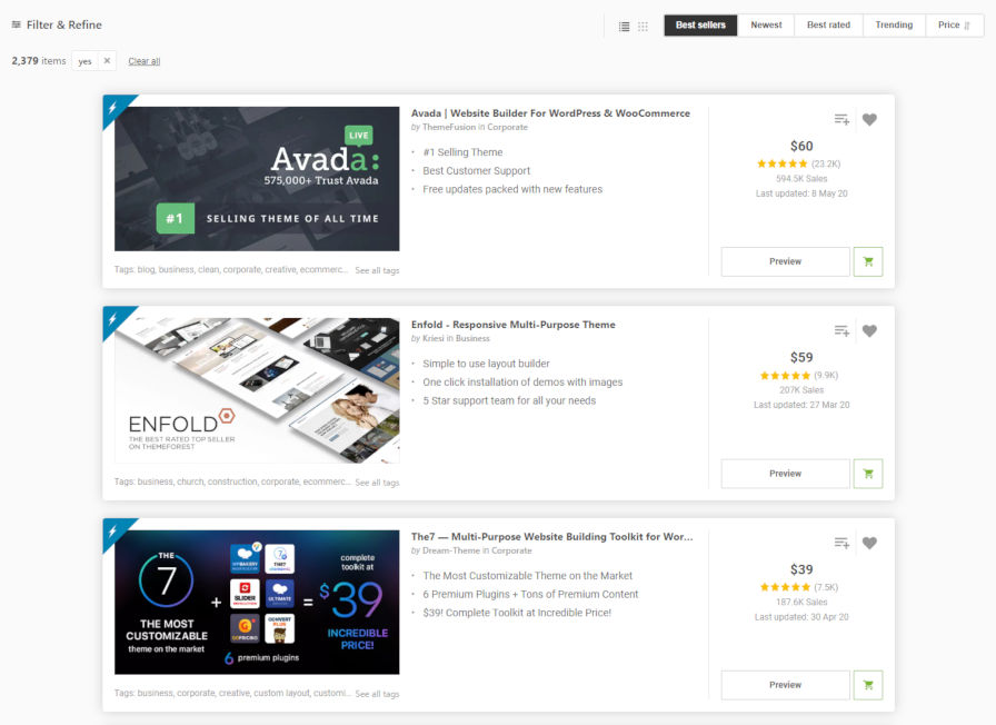 ThemeForest 的基于块的主题的屏幕截图。