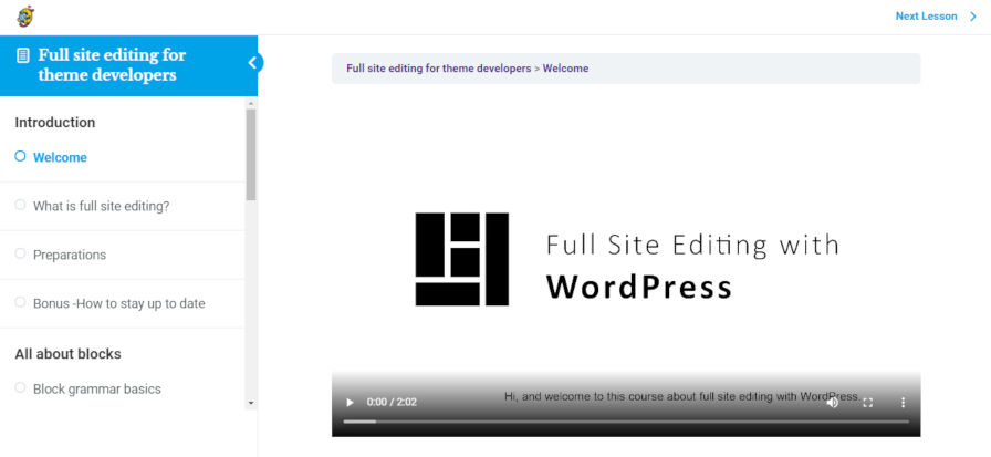 Tangkapan layar pelajaran selamat datang/pengantar kursus pengeditan situs lengkap.