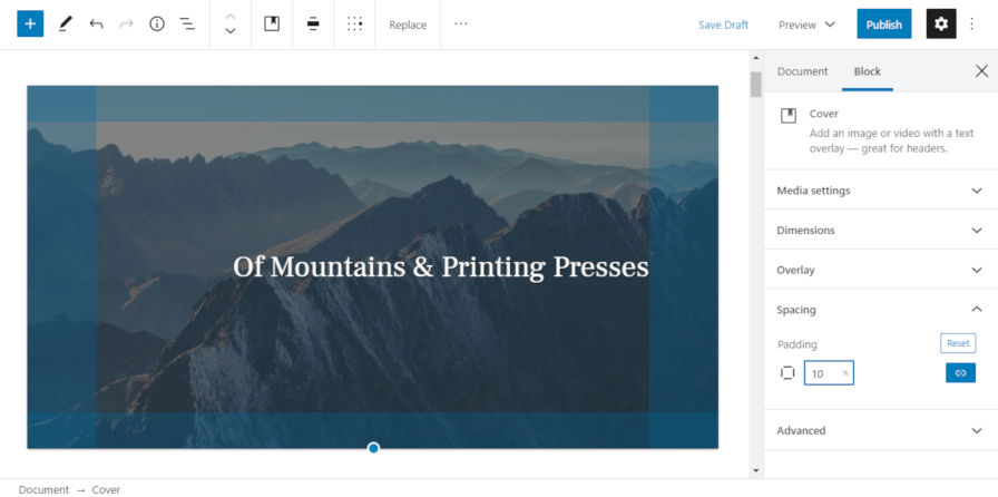 Usando o novo controle de preenchimento para o bloco Cover.