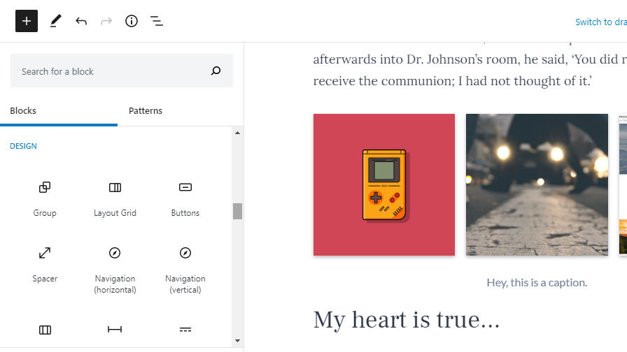 Captura de tela do inseridor de blocos do Gutenberg.