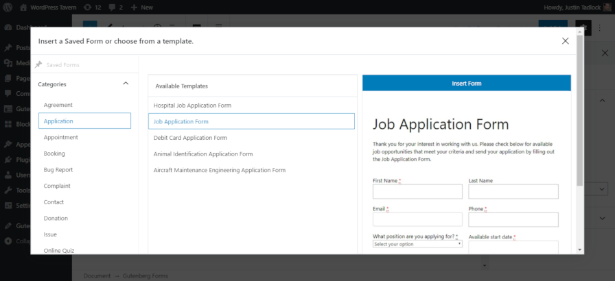 Inserarea unui șablon de formular într-o pagină cu pluginul Gutenberg Forms WordPress.