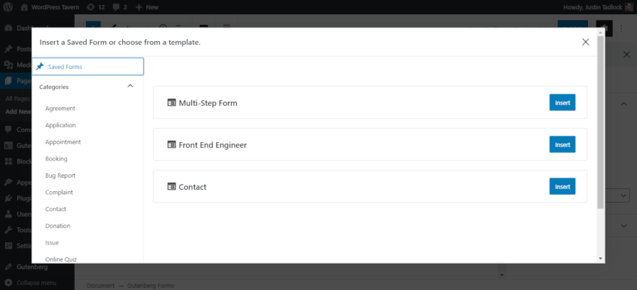 Inserarea unui formular salvat într-o pagină cu pluginul Gutenberg Forms.