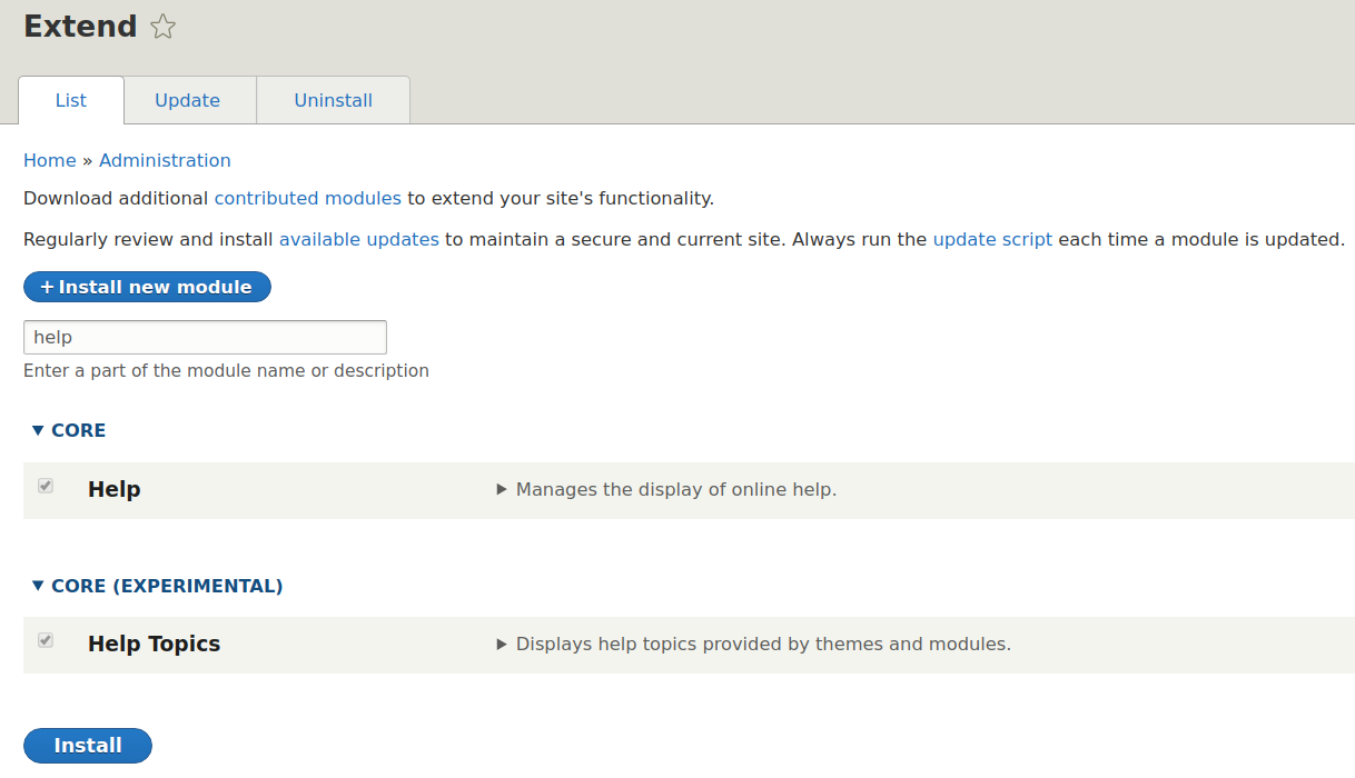 Modul „Hilfethemen“ für Drupal 8.8 Core