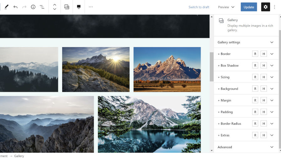 Mengedit latar belakang dan padding blok Galeri melalui plugin EditorPlus.