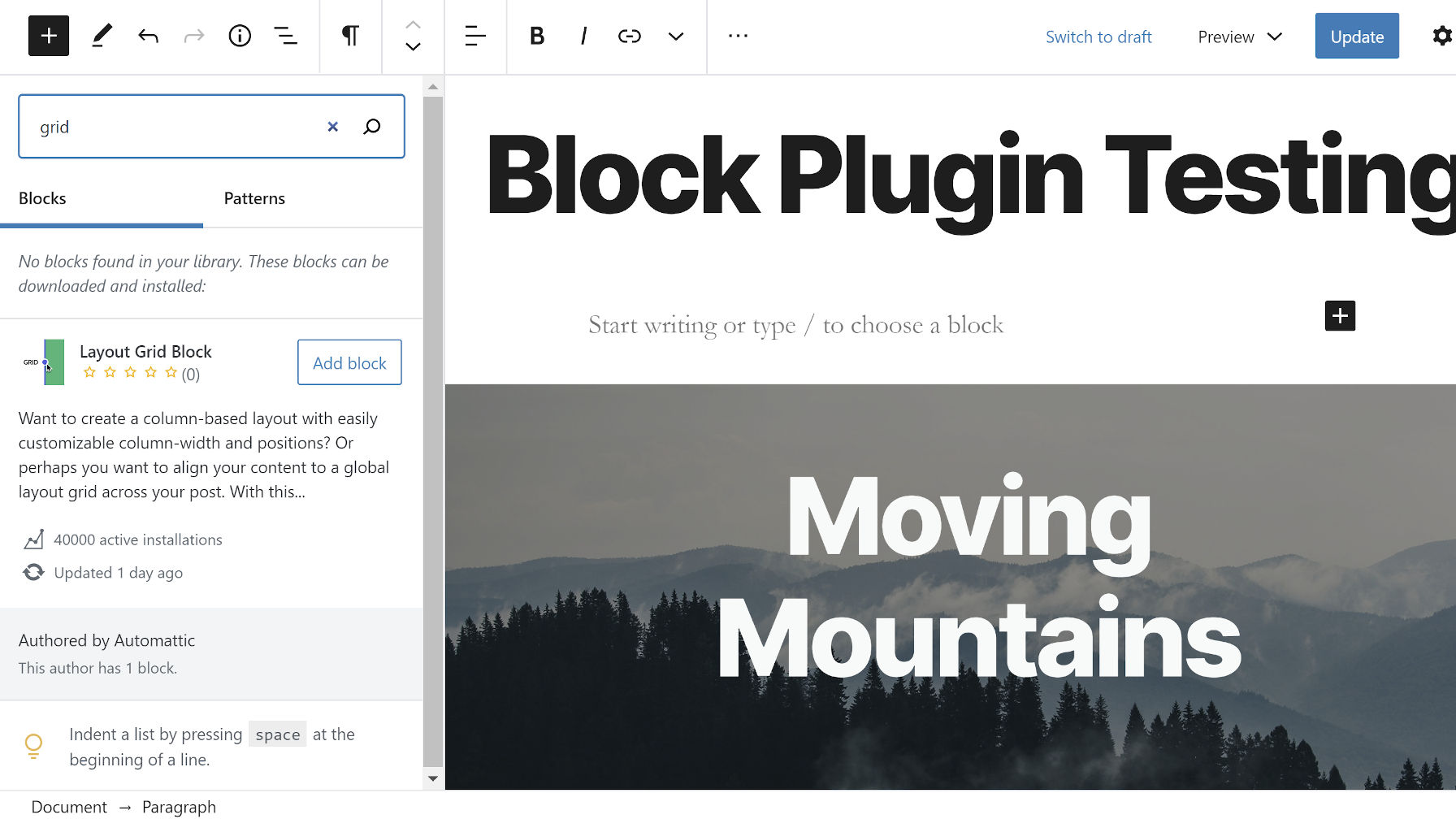 Instalando um bloco do editor através da pesquisa do diretório de blocos do Gutenberg.
